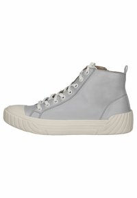 Grijze hoge sneakers van soepel leer, met een ronde neus, witte veters en een gestructureerde rubberen zool.