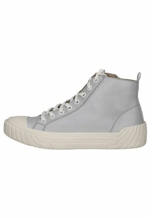Grijze hoge sneakers van soepel leer, met een ronde neus, witte veters en een gestructureerde rubberen zool.
