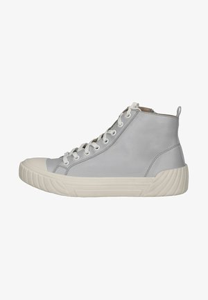 Grijze hoge sneakers van soepel leer, met een ronde neus, witte veters en een gestructureerde rubberen zool.