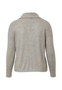 Rückansicht einer grau-weißen Hahnentrittmuster-Winterjacke mit breitem Kragen auf weißem Hintergrund.