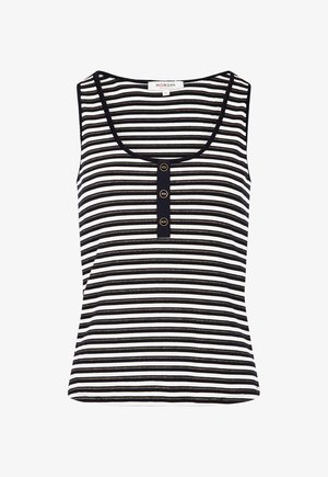 Débardeur rayé en bleu marine et blanc, avec un col rond et un détail de trois boutons à l'avant. Fabriqué à partir d'un tissu doux et texturé.