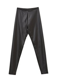 Leggings neri realizzati in un tessuto lucido e morbido, con una forma aderente e una cintura elastica. Nessun accento o motivo visibile.