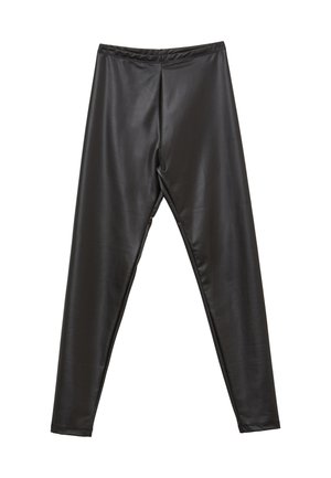 Leggings neri realizzati in un tessuto lucido e morbido, con una forma aderente e una cintura elastica. Nessun accento o motivo visibile.