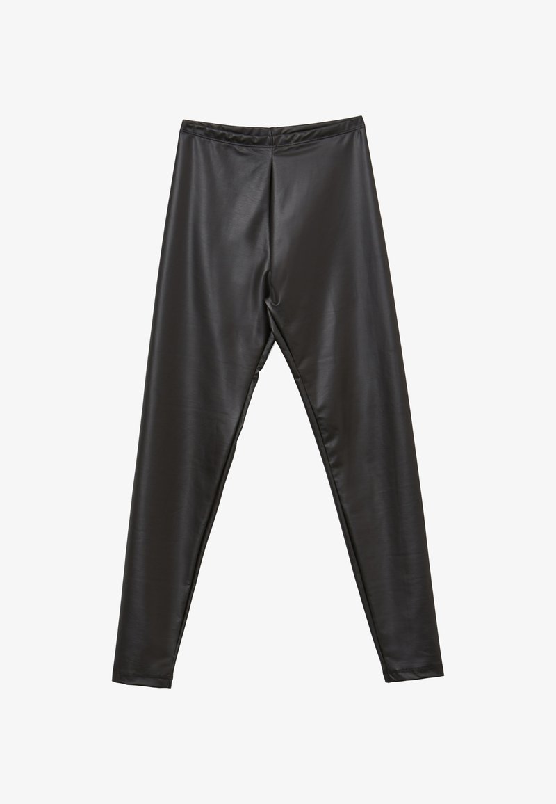 Leggings neri realizzati in un tessuto lucido e morbido, con una forma aderente e una cintura elastica. Nessun accento o motivo visibile.