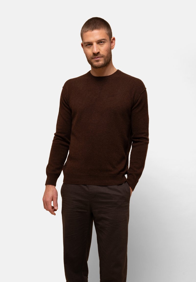 Brauner Rundhalsausschnitt-Pullover aus weichem Strickmaterial, mit langen Ärmeln und figurbetontem Design. Wird mit dunkel gefärbten Hosen getragen.