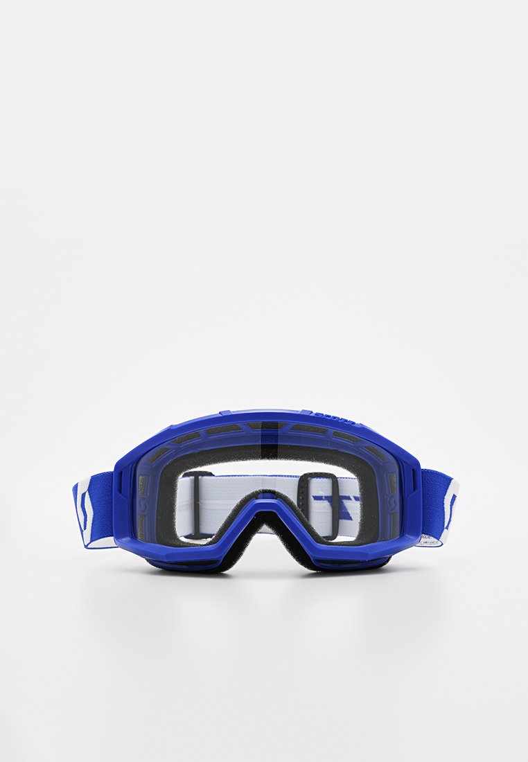 Blaue Sportbrille mit einem weichen Schaumdichtungsring, klarem Glas, breitem Band mit einem weißen Muster und einem robusten Rahmen für Langlebigkeit.