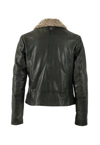 Giacca di pelle nera con collo in shearling, caratterizzata da un design aderente, toppe a gomiti trapuntate e finitura liscia. Nessuna vista frontale visibile.
