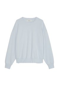 Felpa a maniche lunghe azzurro chiaro con girocollo, con polsini e orlo a costine, esposta flat su uno sfondo bianco.