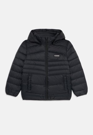 Black puffer jacket with a hood, featuring a front zip closure, two side pockets, and a quilted design. Lightweight fabric with a smooth texture.