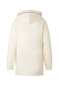 Kremowa bluza z kapturem z regulowanym sznurkiem, długimi rękawami i kieszenią kangurka. Posiada kontrastujące, czarne obszycie wzdłuż kaptura i dołu.