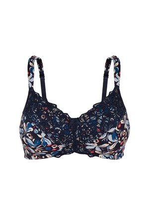 Soutien-gorge en dentelle florale marine avec bretelles réglables, présentant un joli nœud au centre, des détails en dentelle délicats et une texture de tissu douce.