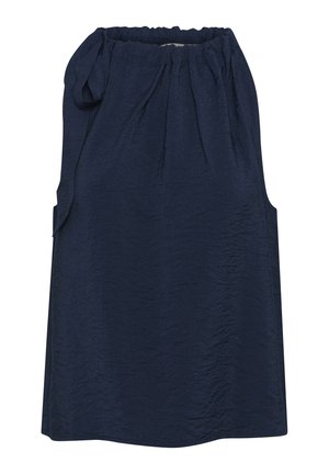 Námornícky bezrukávový šaty s nariaseným výstrihom, s mäkkou štruktúrovanou tkaninou a bočnými vreckami. Dizajn umožňuje voľný strih.