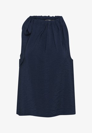 Navy blauw sansmouwen jurk met een geplooide halslijn, gemaakt van een zachte, gestructureerde stof en met zijzakken. Het ontwerp zorgt voor een ruime pasvorm.
