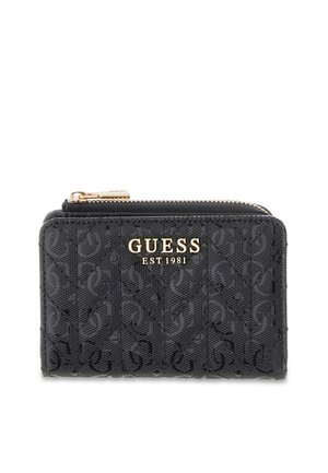 Portefeuille noir Guess avec motif embossé, fermeture éclair dorée et texte du logo doré "GUESS EST 1981" sur le devant.