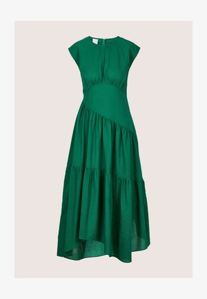 Green, tiered maxi dress made of textured fabric. Features cap sleeves, a fitted bodice, and an asymmetrical hemline.