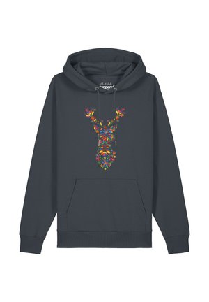 Dunkelgrauer Kapuzenpullover mit Fronttasche und buntem Blumenmuster in Form eines Hirschkopfes auf der Brust.