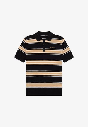 Zwart, beige en wit horizontaal gestreept polohemd met korte mouwen, zwarte kraag, drie knopen en klein "KARL LAGERFELD" logo op de borst.