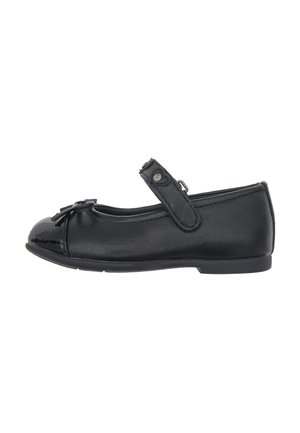 Chaussure plate Mary Jane noire avec un nœud sur l'orteil arrondi et une bride réglable sur le cou-de-pied.