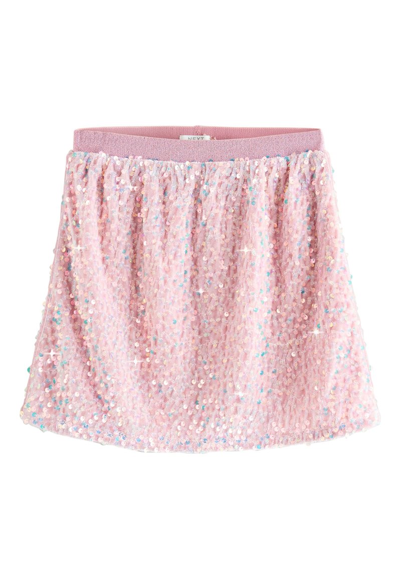 Jupe courte rose à sequins avec un design plissé, une taille élastique et des sequins irisés qui reflètent la lumière.