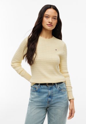 Femme aux longs cheveux foncés portant un pull écru en maille torsadée et un jean bleu, debout avec une main sur la hanche devant un fond blanc.