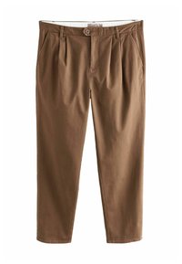 Brown cotton trousers with a tailored fit, featuring front pleats, a button closure, and pockets, designed for a cropped length.