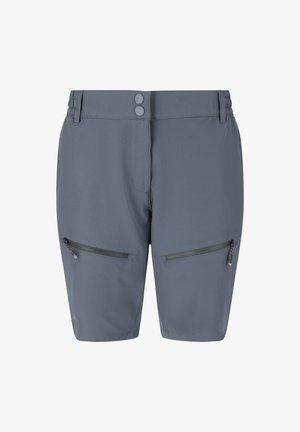Shorts gris longueur genou avec deux poches avant zippées, taille à double bouton et passants de ceinture, en tissu léger.
