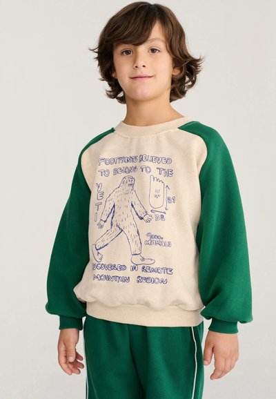 Jeune garçon aux cheveux bruns porte un sweat-shirt beige et vert comportant un croquis bleu et un texte sur les empreintes du Yéti.