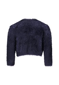 Veste courte en fausse fourrure bleu marine avec manches longues. Surface douce et texturée ; dos ouvert sans fermetures, créant une silhouette décontractée.