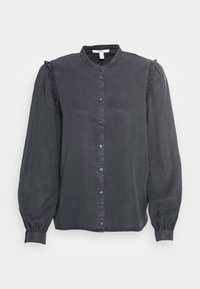 Camicia button-up grigia scura con maniche lunghe a palloncino, dettagli arricciati sulle spalle e texture liscia con colletto classico.