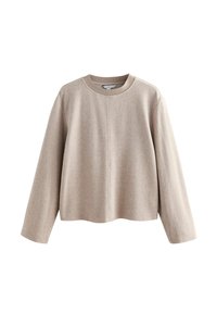 Felpa beige cropped realizzata in un morbido tessuto, con un colletto a girocollo a coste e maniche lunghe con una texture liscia.