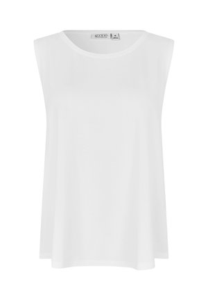 Weiße ärmellose Bluse mit rundem Ausschnitt, lockerem Schnitt und Masai-Markenetikett am Kragen, Größe M.