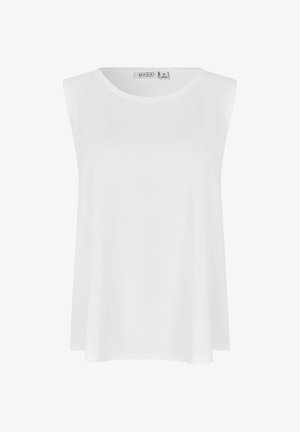 Weiße ärmellose Bluse mit rundem Ausschnitt, lockerem Schnitt und Masai-Markenetikett am Kragen, Größe M.