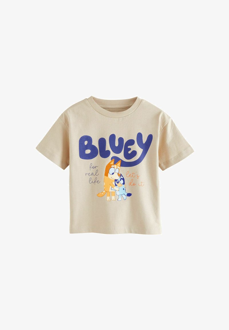 Beige short-sleeve child’s t-shirt with Bluey cartoon characters hugging and text reading "BLUEY for real life let’s do it."