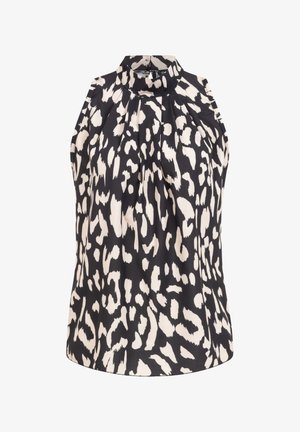 Blusa sin mangas de estampado de leopardo en blanco y negro con un cuello alto y pliegues recogidos debajo del cuello.