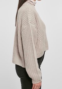 Pull en maille épaisse de couleur beige clair, avec un col montant, des épaules tombantes et un ourlet côtelé. Texture lisse avec une coupe ample et courte.