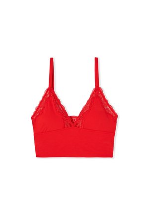 Rotes Bralette mit dünnen verstellbaren Trägern und Spitzenbesatz entlang des V-förmigen Halsauschnitts und der Ränder.