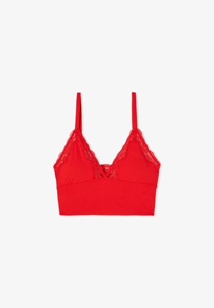 Rotes Bralette mit dünnen verstellbaren Trägern und Spitzenbesatz entlang des V-förmigen Halsauschnitts und der Ränder.