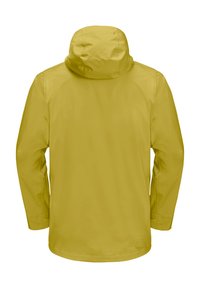 Giacca impermeabile gialla con cappuccio, caratterizzata da una finitura liscia e un design semplice. Tessuto leggero e taglio dritto, senza hardware visibile.