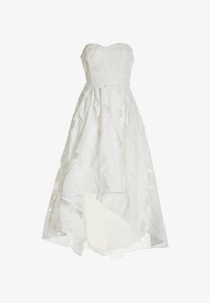 White strapless dress with floral 3D texture, asymmetrical hem, and layered design. Smooth fabric with subtle shine and cut-out details.