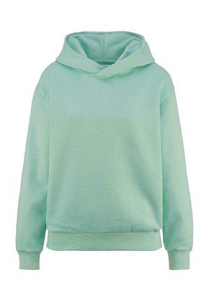 Mintgrüner Hoodie aus weichem Stoff, mit lässiger Passform, großer Kapuze sowie gerippten Bündchen und Saum für einen bequemen Look.