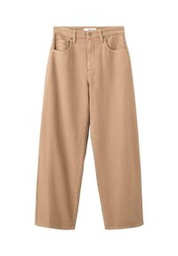 Pantalon beige à jambes larges avec bouton frontal, passants pour ceinture et poches latérales, présenté sur un fond blanc.