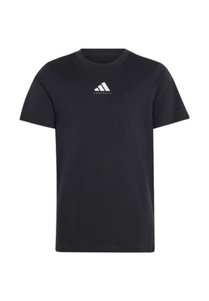 Schwarzes T-Shirt mit kurzen Ärmeln, rundem Ausschnitt und kleinem weißen Adidas-Logo über dem Wort „Football“ auf der Brust.