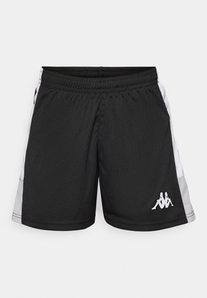 Black athletic shorts with white side panels, elastic waistband, and white logo featuring two seated figures on the lower front left leg.