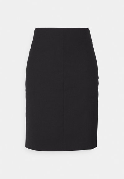 Jupe crayon noire au design ajusté, conçue en tissu lisse, présentant une silhouette épurée sans fermetures visibles ni ornements.