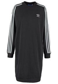 Svart klänning med långa ärmar, har tre vita ränder på varje ärm, rund hals och liten broderad logotyp på bröstet.