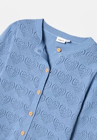 Hele sinine kudumiskampsun südamekujuliste mustritega, ümmarguse kaeluse ja puidust nööpidega vaid lahtise esikülje ääres.