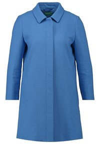 Blue coat made from textured fabric, featuring a collar, long sleeves, and a front closure. Straight silhouette with minimal detailing.