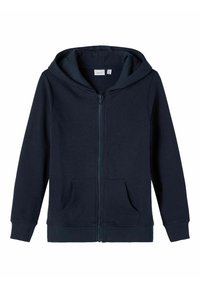 Veste à zip marine en mélange de coton doux, avec une fermeture éclair avant, deux poches latérales et une capuche avec cordon de serrage.