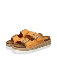 Tan leather sandals with two adjustable buckles, jute-wrapped midsole, and a white, textured rubber outsole.