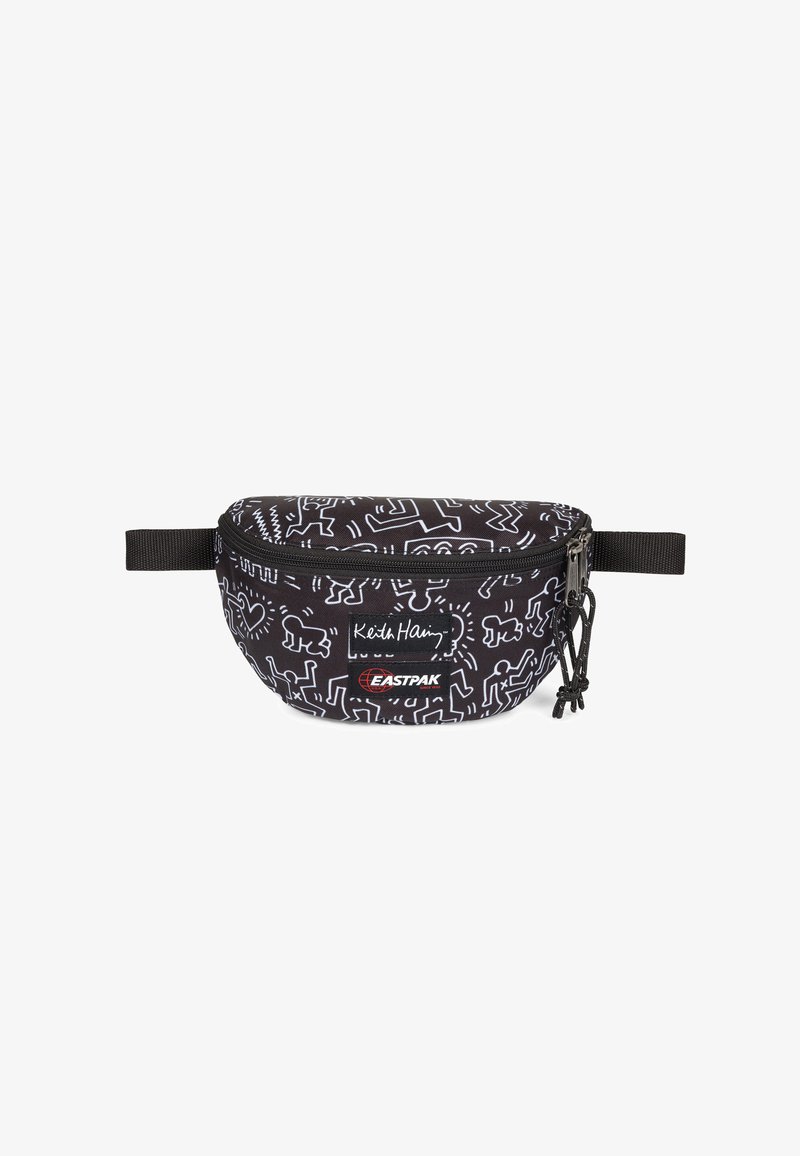 Black fabric fanny pack with white abstract designs. Features a zipper closure, adjustable strap, and branding labels from Eastpak and Keith Haring.
